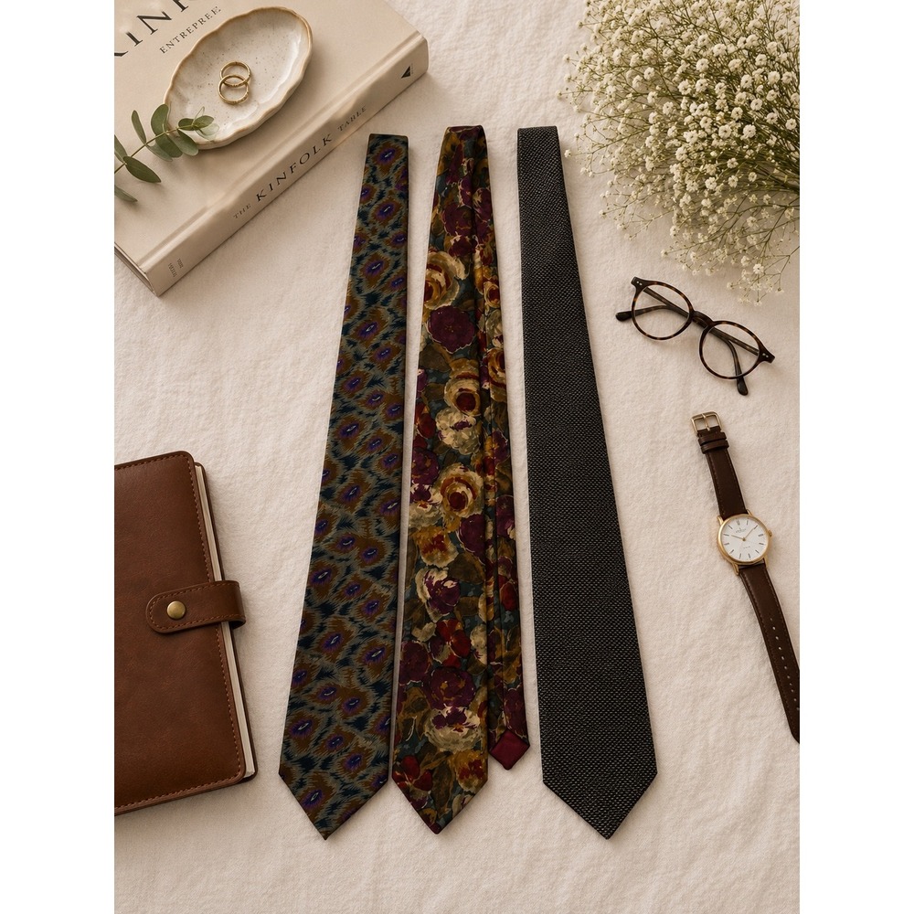 Mens Designer Tie Bundle Vestimenta Guy Laroche Retro Design Studios Silk Cotton